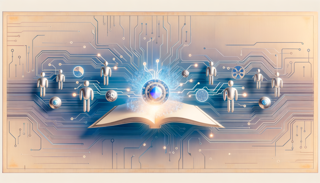 Generatiivinen tekoäly opas – avoin kirja keskellä digitaalista verkostoa, joka yhdistää ihmisiä ja teknologioita symbolisilla elementeillä, esittäen oppaan roolin tekoälyn mahdollisuuksien avaamisessa.