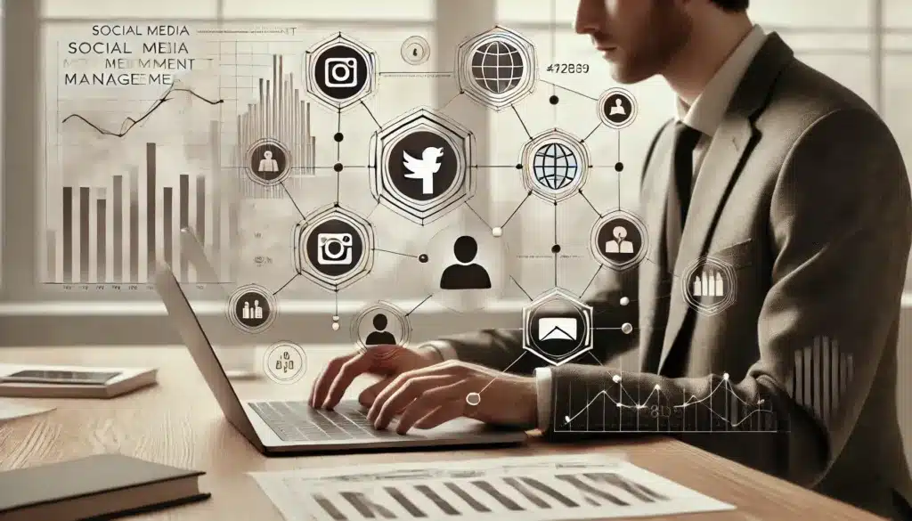Yksinyrittäjä työskentelemässä kannettavalla tietokoneella sosiaalisen median hallinnan parissa. Näytöllä näkyy erilaisia analytiikkakaavioita ja sosiaalisen median alustojen ikonit, jotka symboloivat automaation ja integraation tehostamaa ajansäästöä. Tausta on sävytetty neutraaleilla, pehmeillä väreillä, kuten beige ja vaaleanharmaa