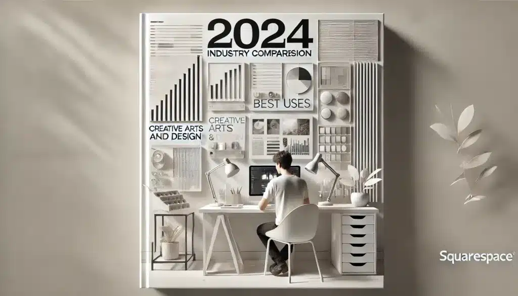 Minimalistinen kansikuvadesign vuoden 2024 Squarespace-toimialavertailuraportille. Kuvassa näkyy siisti, moderni työpöytä, jossa suunnittelija käyttää tablettia digitaalisen portfolion esittelyyn. Tausta on pääosin valkoinen, harmailla vivahteilla ja terävillä linjoilla, luoden tyylikkään ja ammattimaisen ilmeen. Työpöydällä on minimalistisia digitaalisia työkaluja, jotka korostavat luovaa ja taiteellista teemaa. Yleisilme on hienostunut, ja runsaasti valkoista tilaa ja neutraaleja sävyjä käytetään innovatiivisen luovan alan esiin tuomiseksi.