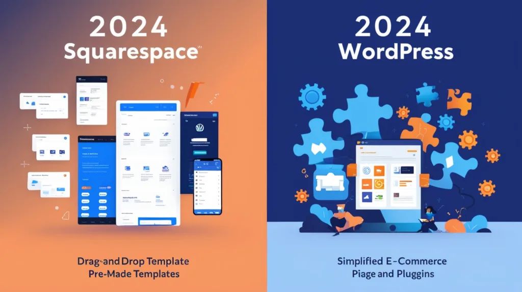 Squarespacen vs WordPressin vertailukuva vuodelle 2024, jossa korostuvat tärkeimmät ominaisuudet. Squarespacea edustavassa vasemmassa laidassa näkyy vedä ja pudota -mallikäyttöliittymä, jossa on valmiita malleja lämpimän oranssin ja sinisen värimaailman sävyissä. Oikealla puolella, joka edustaa WordPressiä, esitellään yksinkertaistettua verkkokaupan hallintaa liitännäisohjelmilla ja palapelinpalojen grafiikalla syvänsinisessä ja oranssissa teemassa. Kuva asettaa vastakkain molempien alustojen helppokäyttöisyyden ja joustavuuden.
