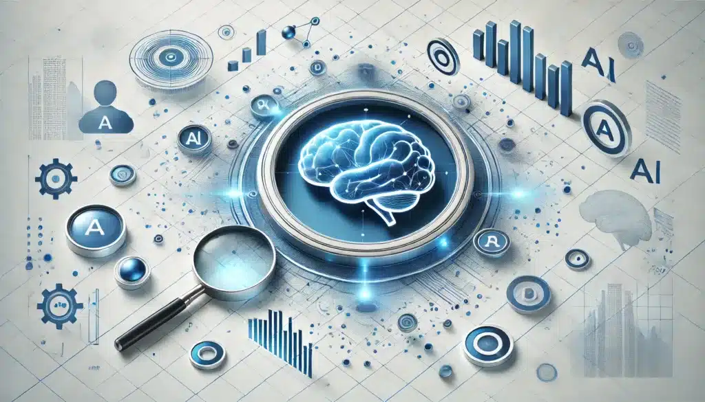 Kuva, jossa sähköisen sininen tekoäly-aivosymboli keskellä, ympärillä leijuvia suurennuslaseja ja datavisualisointeja puhtaalla valkoisella taustalla, jossa hienovarainen tekninen ruutukuvio. Minimalistinen, suomalaisesta designista inspiroitunut tyyli, sinisen sävyinen liukuväri ja pehmeä valaistus, vaakasuuntainen yritysestetiikkaa korostava asettelu.