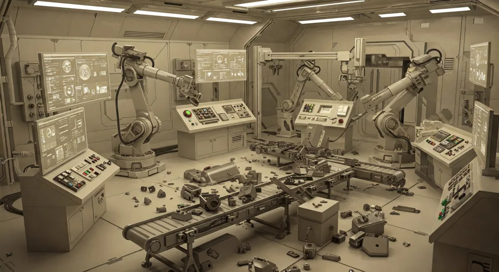 A 16:9 image of a futuristic control room with a beige color scheme. Large monitors display data streams and algorithms, but the room is filled with signs of automation errors. Robotic arms are tangled, screens flicker with error messages, and a mechanical arm struggles to fit a square peg into a round hole. A conveyor belt is jammed with a pile-up of items. A holographic projection of a South Asian technician looks frustrated, attempting to understand the chaos. The lighting is cold and bluish. The overall tone is a mix of seriousness and whimsy, highlighting the challenges and sometimes absurd reality of automation errors.